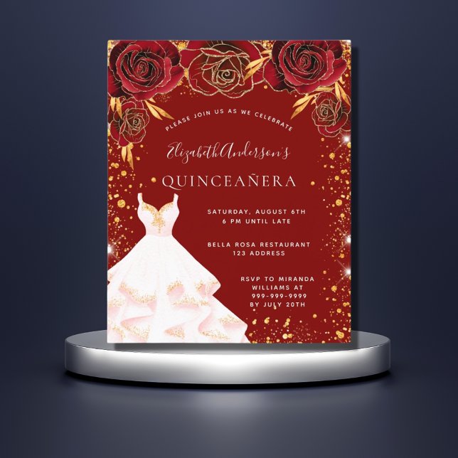 Quinceanera red gold white dress invitation (Creator Uploaded)