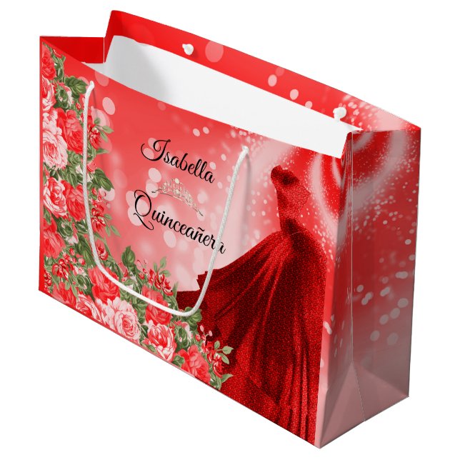 Quinceañera  Red Gown and Flowers Large Gift Bag (Front Angled)