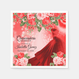 Quinceañera Red Gown and Flowers Napkin