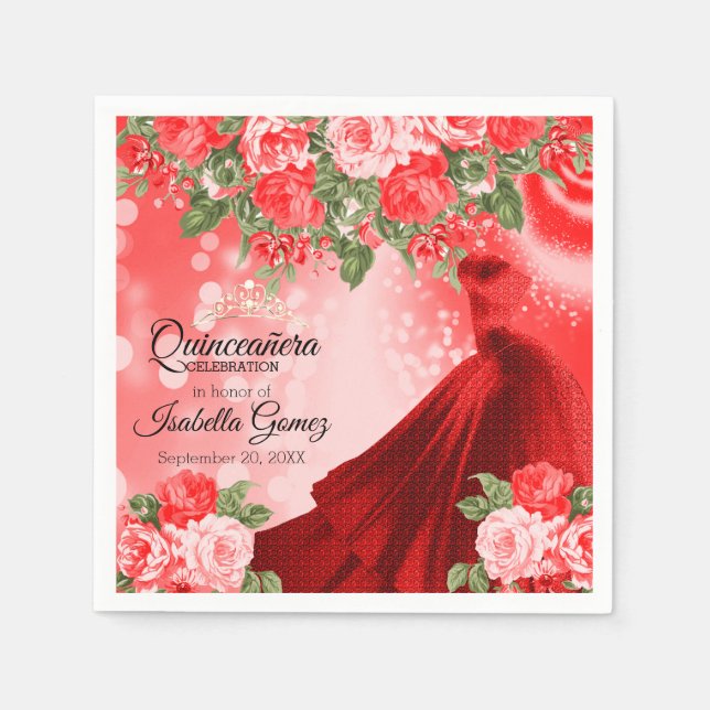Quinceañera  Red Gown and Flowers Napkin (Front)