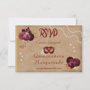 Quinceañera Red Masquerade Burgundy English Roses RSVP Card