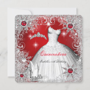 Quinceanera Red Pearl Silver Winter Snowflakes Invitation