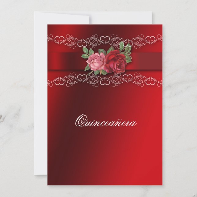 Quinceanera Red Pink Roses Red Satin Invitation (Front)