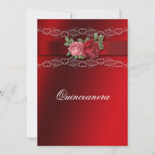 Quinceanera Red Pink Roses Red Satin Invitation