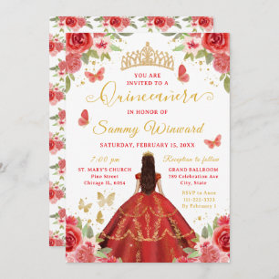 Quinceañera Red Princess Brunette Girl Invitation