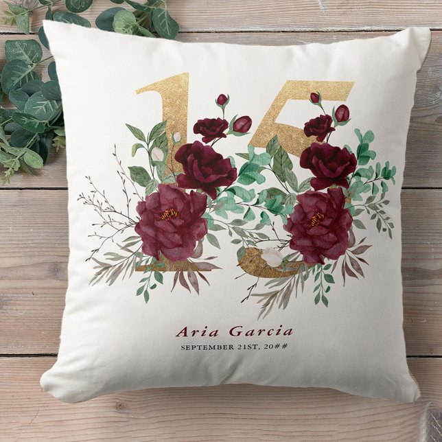 Quinceanera Red Rose Floral Gold Number 15 Cushion (Creator Uploaded)