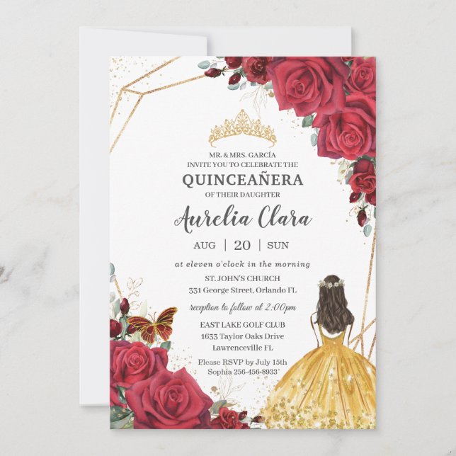 Quinceañera Red Rose Floral Yellow Dress Princess Invitation (Front)