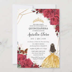Quinceañera Red Rose Floral Yellow Dress Princess Invitation