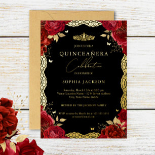 Quinceanera Red Rose Gold Lace Birthday 