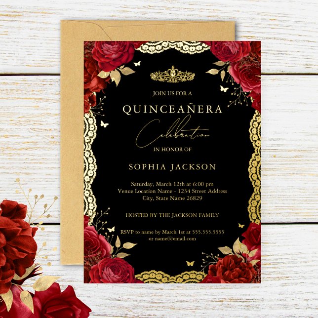 Quinceanera Red Rose Gold Lace Birthday  (Creator Uploaded)