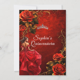 Quinceanera Red Roses and Gown Crown Invitation