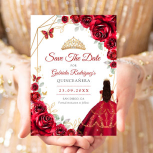 Quinceanera Red Roses Dress Gold Save The Date