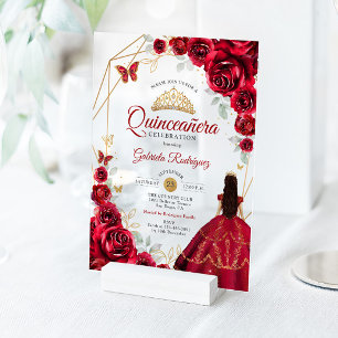 Quinceanera Red Roses Dress Gold White Acrylic Invitations