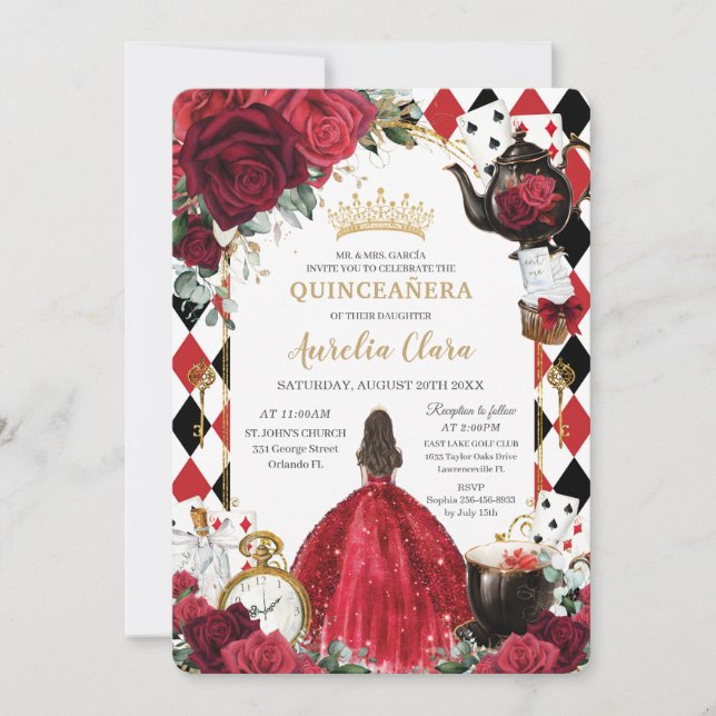 Quinceanera Red Roses Floral Alice in Wonderland Invitation (Front)