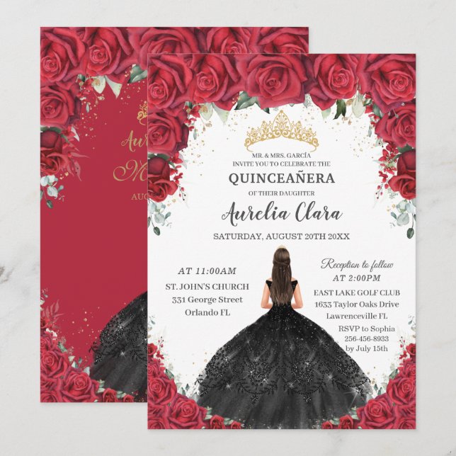Quinceañera Red Roses Floral Black Dress Gold Invitation (Front/Back)