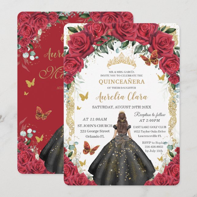 Quinceañera Red Roses Floral Black Dress Gown Gold Invitation (Front/Back)