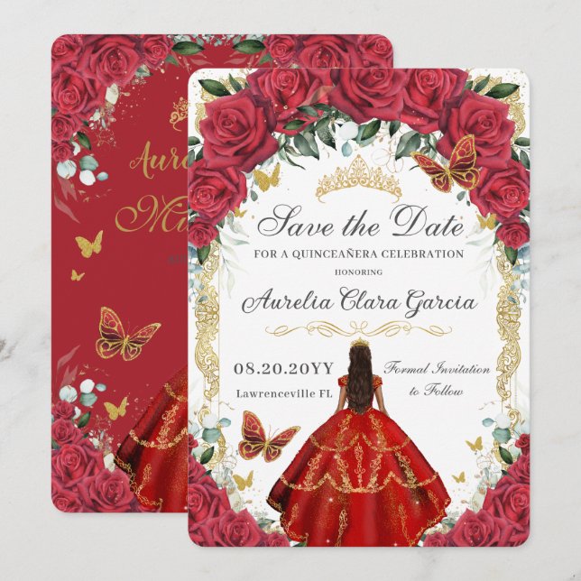 Quinceañera Red Roses Floral Dress Gold Butterfly Save The Date (Front/Back)