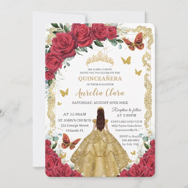 Quinceañera Red Roses Floral Gold Dress Princess  Invitation (Front)