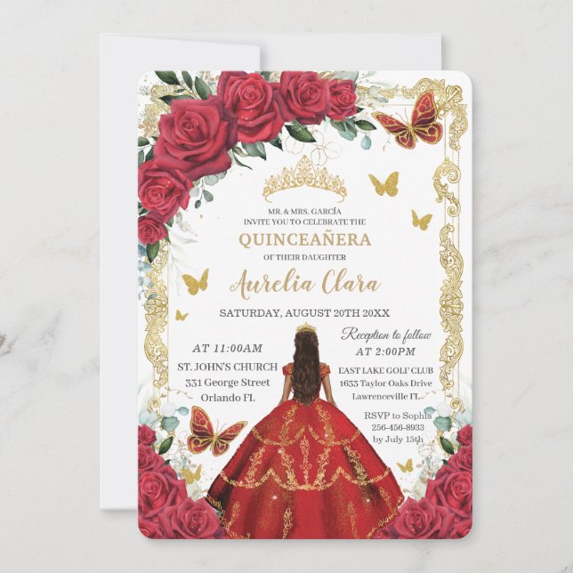 Quinceañera Red Roses Floral Gold Princess 16th Invitation (Front)