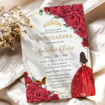 Quinceañera Red Roses Floral Gold Princess Crown Invitation<br><div class="desc">Personalise this lovely quinceañera invitation with own wording easily and quickly,  simply press the customise it button to further re-arrange and format the style and placement of the text.  Matching items available in store!  (c) The Happy Cat Studio</div>