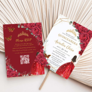 Quinceañera Red Roses Floral Gold Princess QR RSVP Invitation
