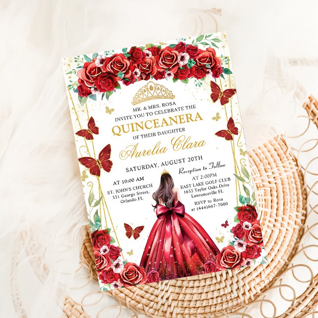 Quinceañera Red Roses Floral Princess Butterflies  Invitation (Creator Uploaded)