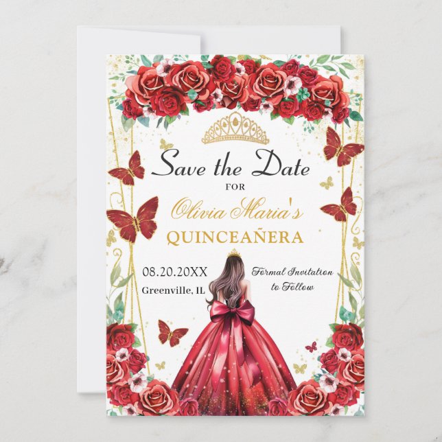 Quinceañera Red Roses Floral Princess Butterflies Save The Date (Front)