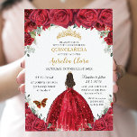 Quinceañera Red Roses Floral Princess Gown Gold Invitation<br><div class="desc">Personalise this lovely quinceañera invitation with your own wording easily and quickly. Simply click the "Edit Using Design Tools" button to modify the text, wording, font style, font size, and font colour. You can also add or remove text, and move or remove images. The butterflies, quince girl and crown are...</div>