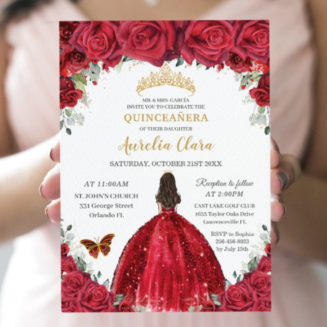 Quinceañera Red Roses Floral Princess Gown Gold Invitation (Creator Uploaded)