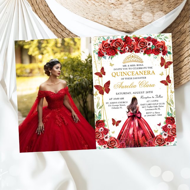 Quinceañera Red Roses Floral Princess Photo Invitation (Creator Uploaded)