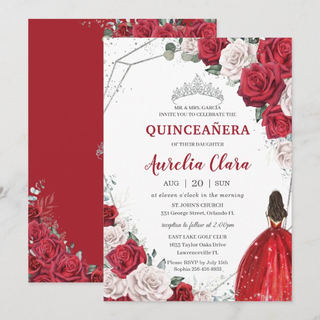 Quinceañera Red Roses Floral Princess Silver Crown Invitation (Front/Back)