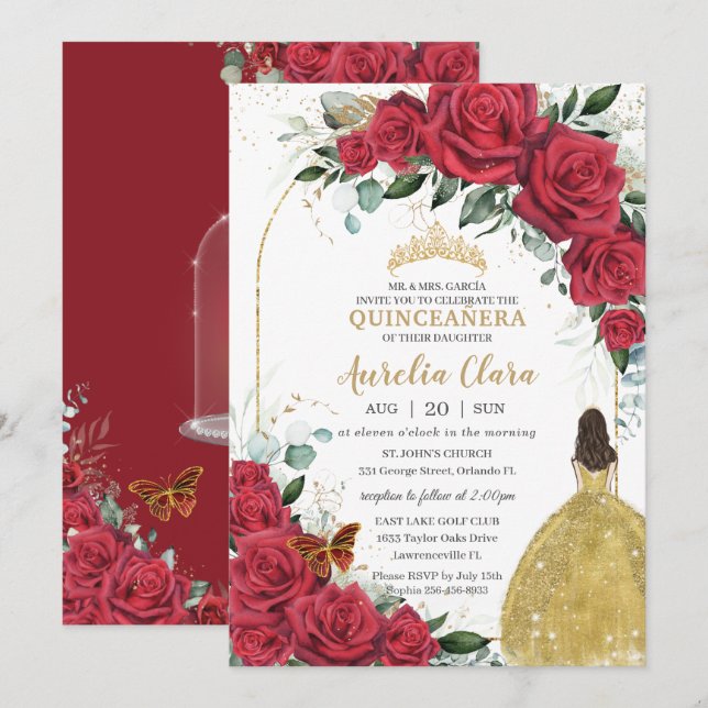 Quinceañera Red Roses Floral Princess Yellow Dress Invitation (Front/Back)