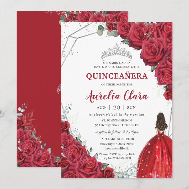 Quinceañera Red Roses Floral Silver Princess Tiara Invitation (Front/Back)