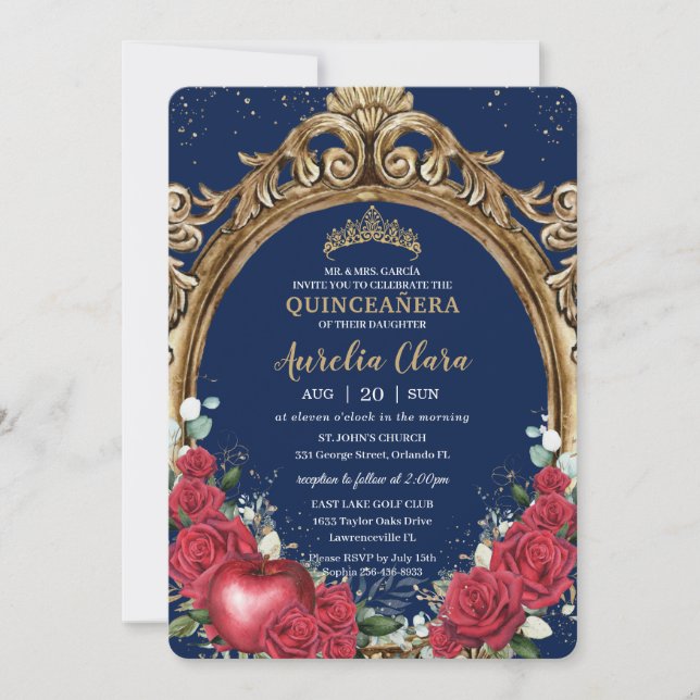 Quinceañera Red Roses Floral Snow White Gold Frame Invitation (Front)