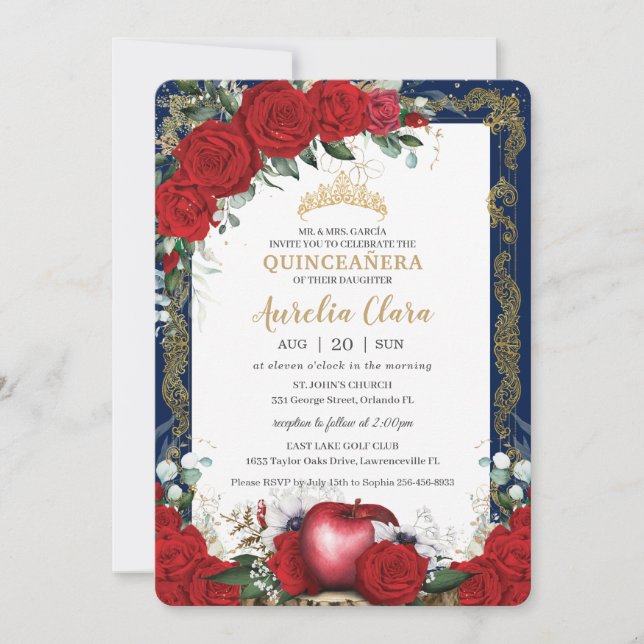 Quinceañera Red Roses Floral Snow White Navy Gold Invitation (Front)