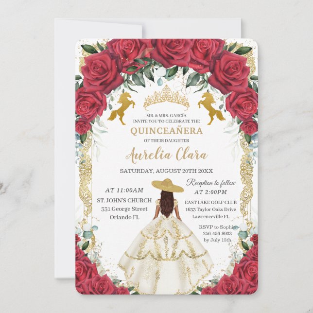 Quinceañera Red Roses Floral White Dress Horses  Invitation (Front)