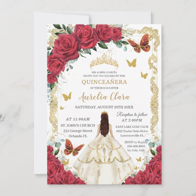 Quinceañera Red Roses Floral White Dress Princess  Invitation (Front)