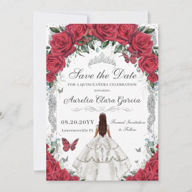 Quinceañera Red Roses Floral White Dress Silver Save The Date (Front)