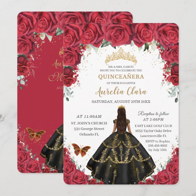 Quinceañera Red Roses Flowers Black Dress Gold Invitation (Front/Back)