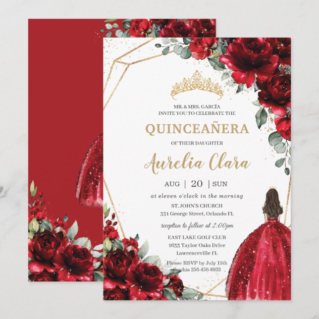 Quinceañera Red Roses Flowers Floral Princess Gown Invitation (Front/Back)
