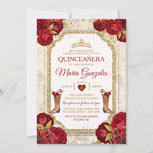 Quinceañera Red Roses & Gold Crown Mexican Invitation (Front)