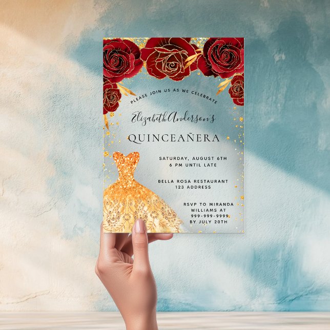 Quinceanera red roses gold dress glitter clear acrylic invitations (Creator Uploaded)
