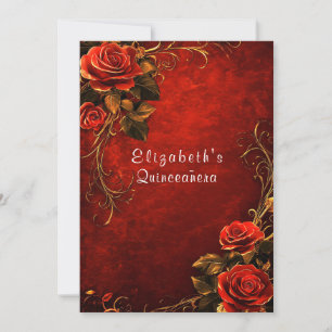 Quinceanera Red Roses Gold Filigree Invitation