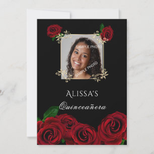 Quinceanera Red Roses Gold Frame Quinceanera Invitation