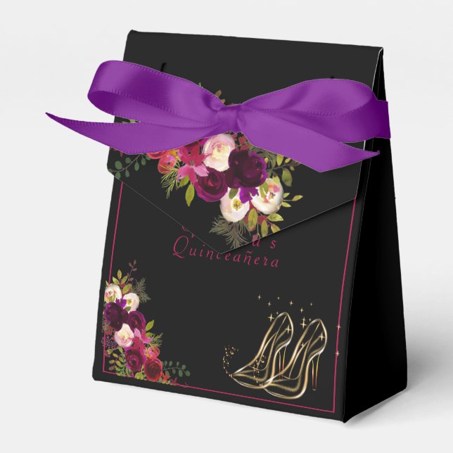 Quinceanera Red Roses Gold High Heels Sparkle Star Favour Box (Front Side)