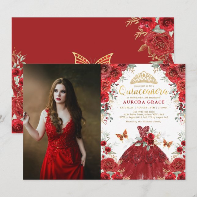 Quinceañera Red Roses Mis Quince 15th Birthday Invitation (Front/Back)