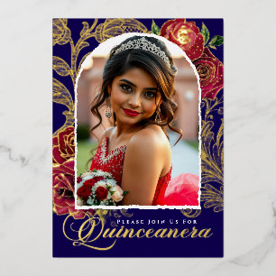 Quinceanera Red Roses Navy Blue Elegant Photo Gold
