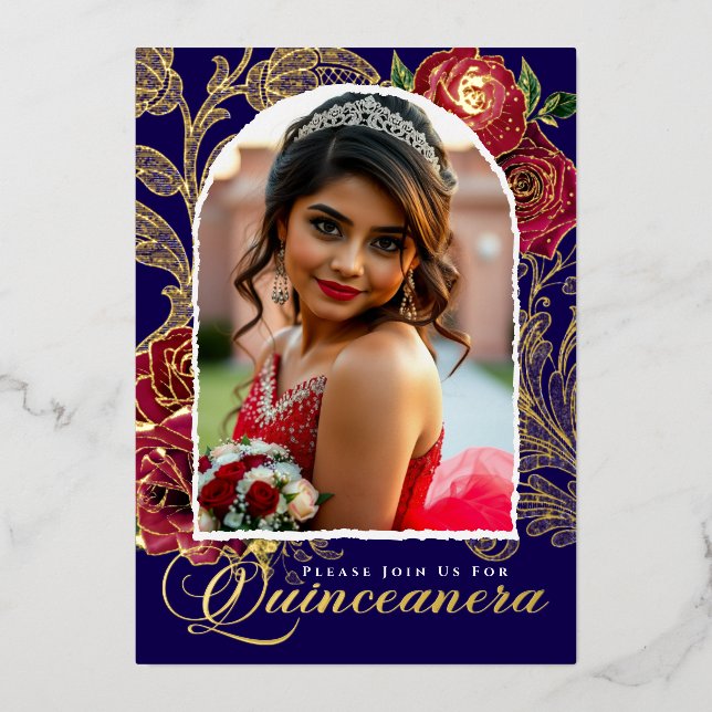 Quinceanera Red Roses Navy Blue Elegant Photo Gold (Front)
