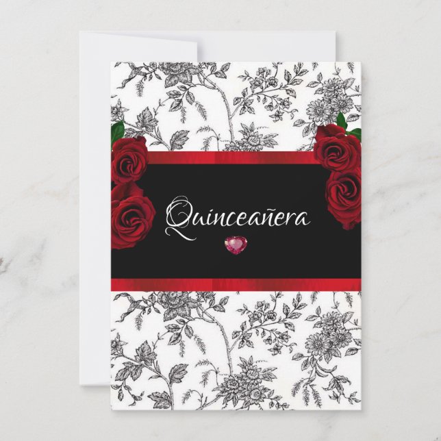 Quinceanera Red Roses Red Satin Black White Toile Invitation (Front)