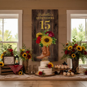 Quinceañera Red Roses Sunflowers Cowboy Boots 15 Banner
